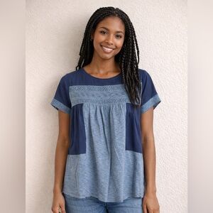 Navy and Light Blue Eyelet Panel Short-Sleeve Blouse